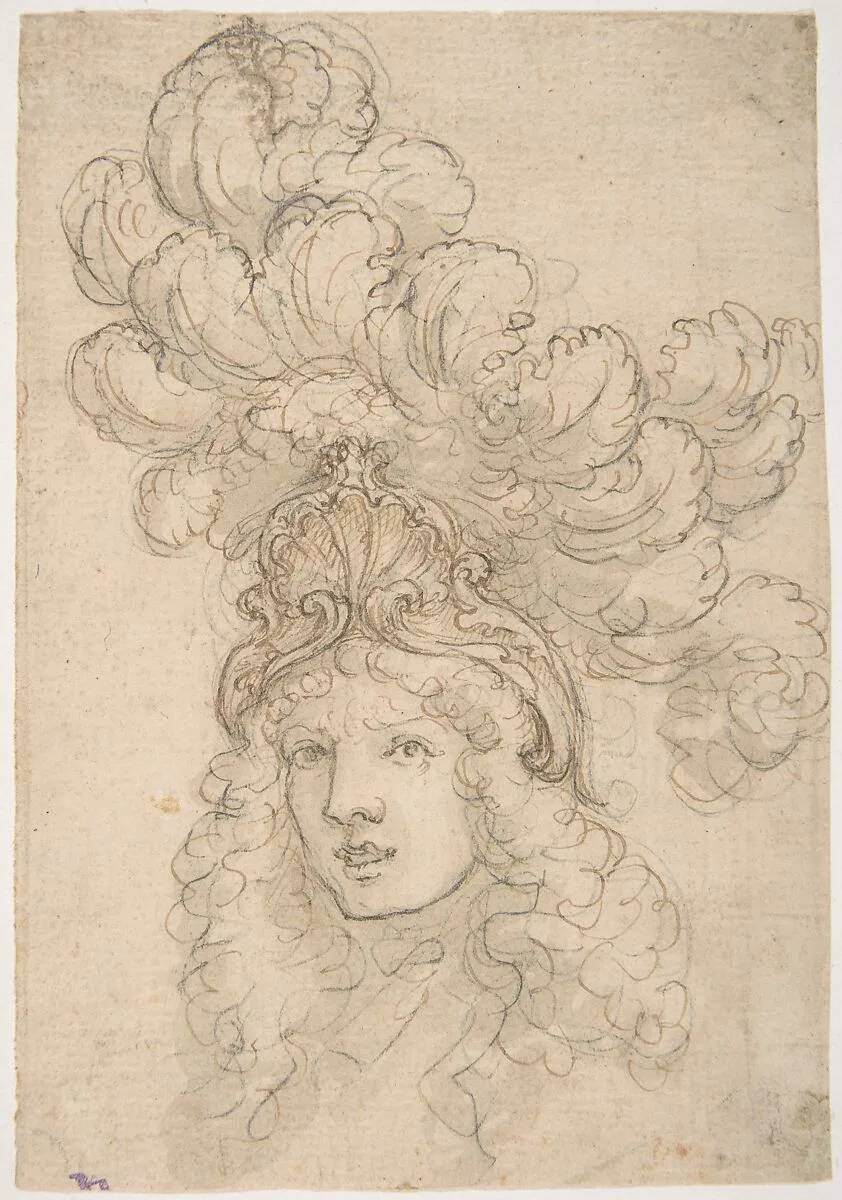 View in 3/4 of a Design for a Headpiece Decorated with a Shell and Large Plume — Giovanni Battista Foggini