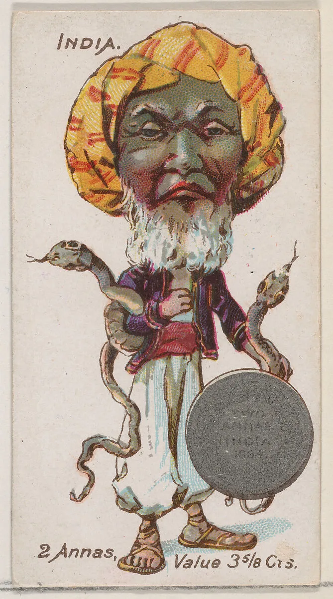 Caricatured Indian, 2 Annas, from the series Coins of All Nations (N72, variation 1) for Duke brand cigarettes — W. Duke, Sons & Co.