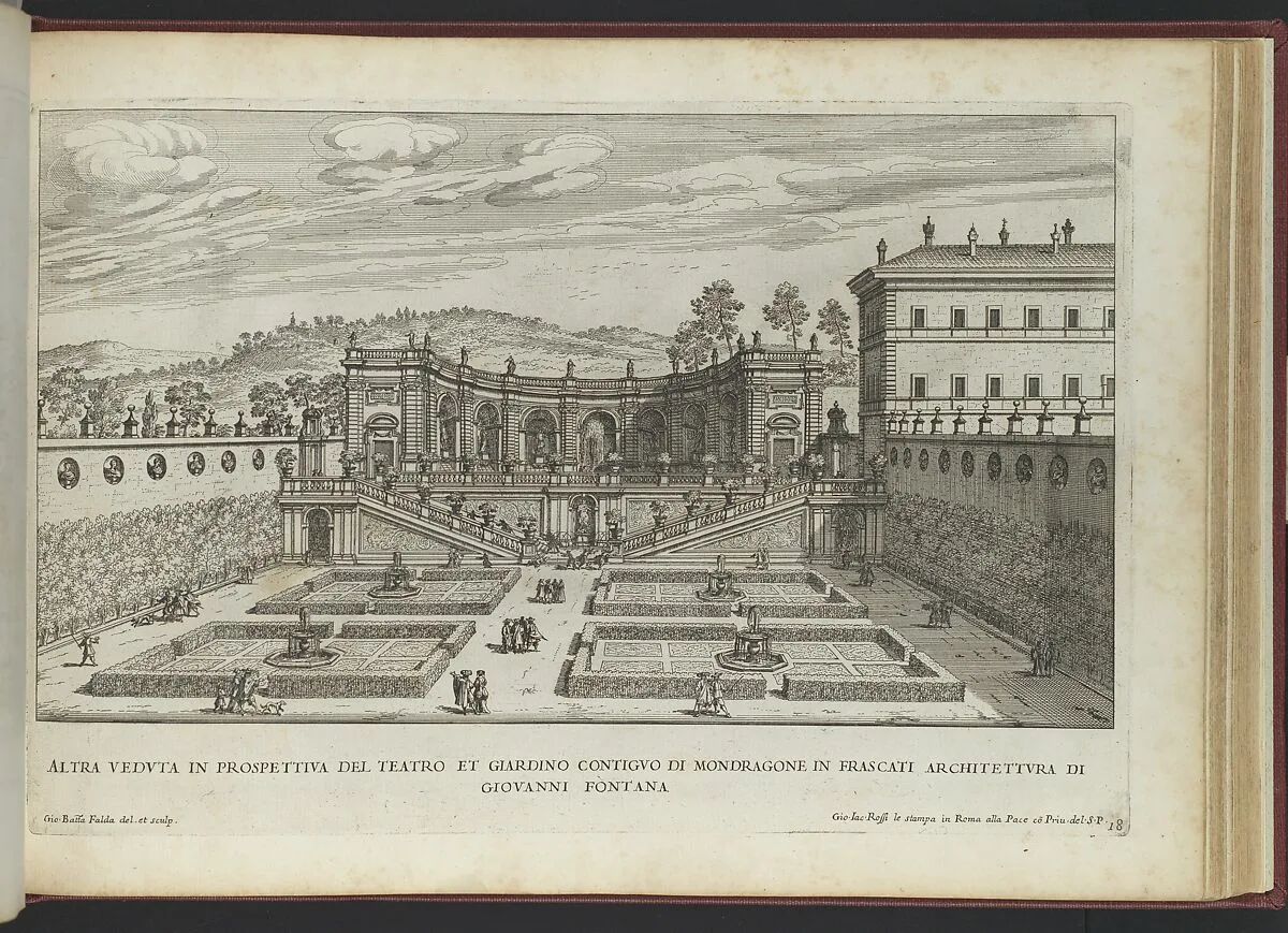 Altra Vedvta in Prospettiva del Teatro et Giardino Contigvo di Mondragone in Frascati (...), from 'La Fontane di Roma nelle Piazze e Luoghi Publici (...)', part 2, 'Le fontane delle ville di Frascati' (plate 18) — Giovanni Battista Falda|Giovanni Giacomo De Rossi