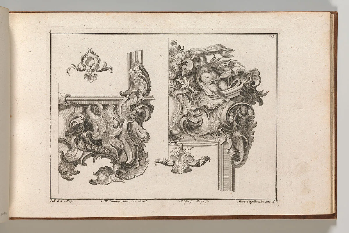 Suggestion for the Decoration of Lower Right and Top Right of an Altar Frame, Plate 3 from an Untitled Series with Rocailles Ornaments for Altar and Door Frames — Martin Engelbrecht|Wolffgang Christoph Mayr|Johann Wolfgang Baumgartner