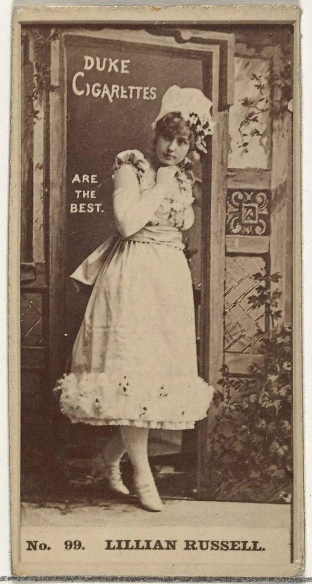 Card Number 99, Lillian Russell, from the Actors and Actresses series (N145-6) issued by Duke Sons & Co. to promote Duke Cigarettes — W. Duke, Sons & Co.