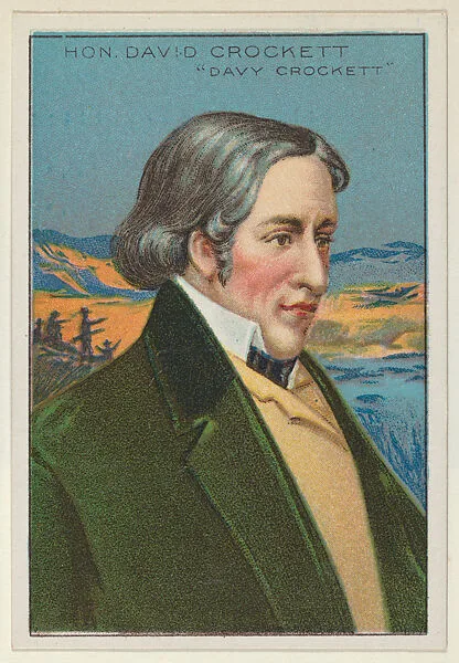 Honorable David Crockett "Davy Crockett," from the "Heroes of History" series (T68), issued with Miners Extra Smoking Tobacco, Natural Leaf Scrap, and Royal Bengals Little Cigars — Royal Bengals Little Cigars|David Crockett