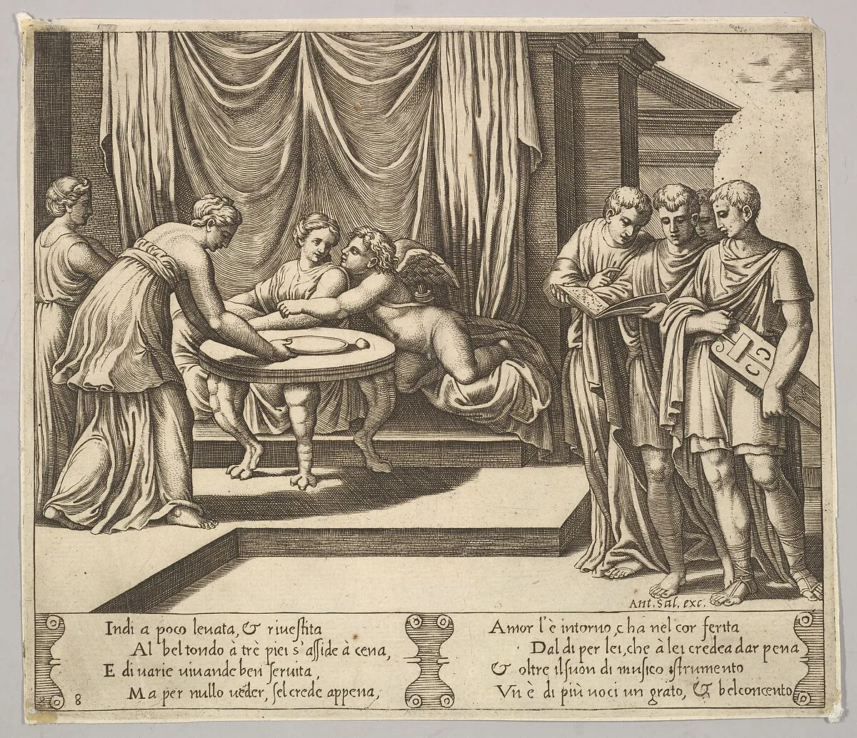 Plate 8: Psyche seated at a table and attended by invisible servants, Eros beside the goddess, from "The Fable of Cupid and Psyche" — Master of the Die|Antonio Salamanca|Michiel Coxie (I)