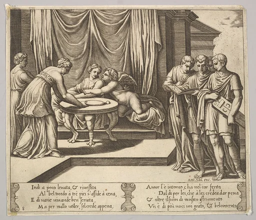 Plate 8: Psyche seated at a table and attended by invisible servants, Eros beside the goddess, from "The Fable of Cupid and Psyche"