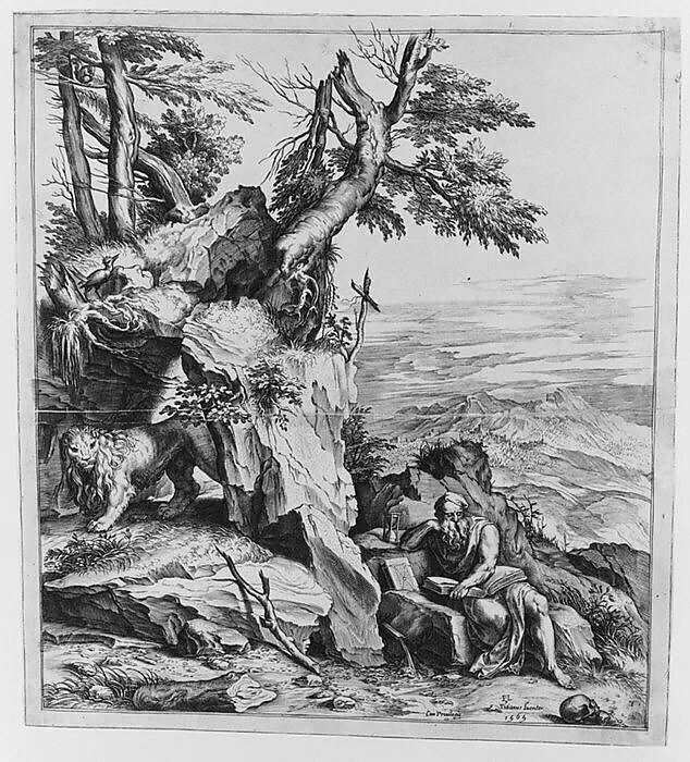 St Jerome in the Desert — Cornelis Cort|Titian (Tiziano Vecellio)