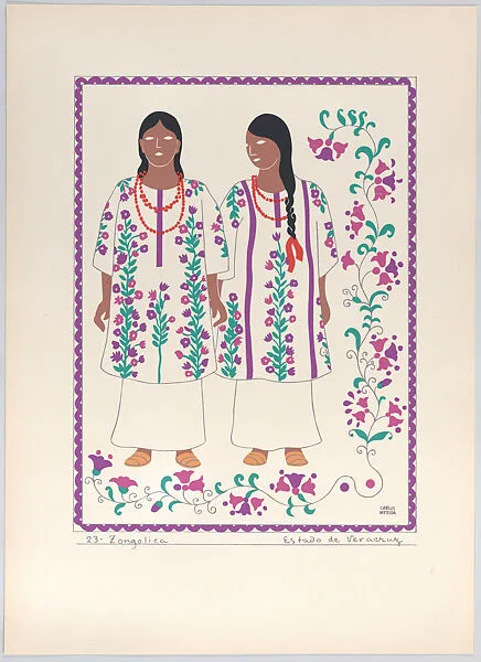 Plate 23: two young women from Zongolica in the state of Veracruz, from 'Trajes regionales mexicanos' (regional Mexican dress) — Carlos Mérida|Editorial Atlante