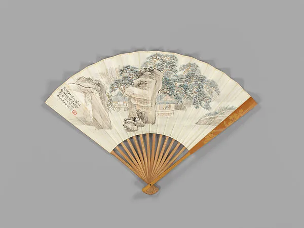 現代 金西厓刻扇骨、郭蘭祥繪松榭僧音圖、褚德彜節錄水經注 成扇|Carved fan, water pavilion by a pine bluff and calligraphy — Guo Lanxiang|Chu Deyi|Jin Xiya