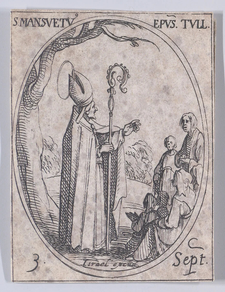 S. Mansuet, évêque (St. Mansuetus, Bishop), September 3rd, from "Les Images De Tous Les Saincts et Saintes de L'Année" (Images of All of the Saints and Religious Events of the Year) — Jacques Callot|Israël Henriet