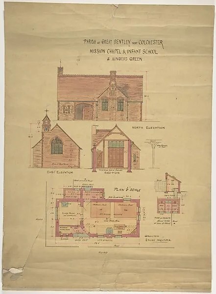Elevation and Plan of Parish of Great Bentley near Colchester, Mission Chapel and Infant School at Angers Green — Ernest Geldart