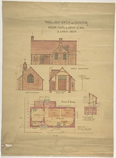 Elevation and Plan of Parish of Great Bentley near Colchester, Mission Chapel and Infant School at Angers Green