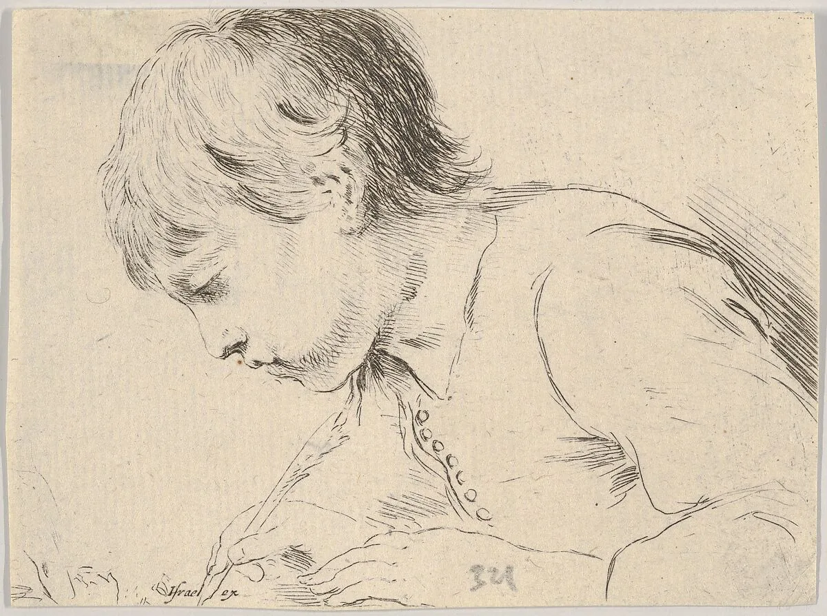 Plate 14: a child writing with a quill, facing left in profile, from 'Various heads and figures' (Diverses têtes et figures) — Stefano della Bella|Israël Henriet