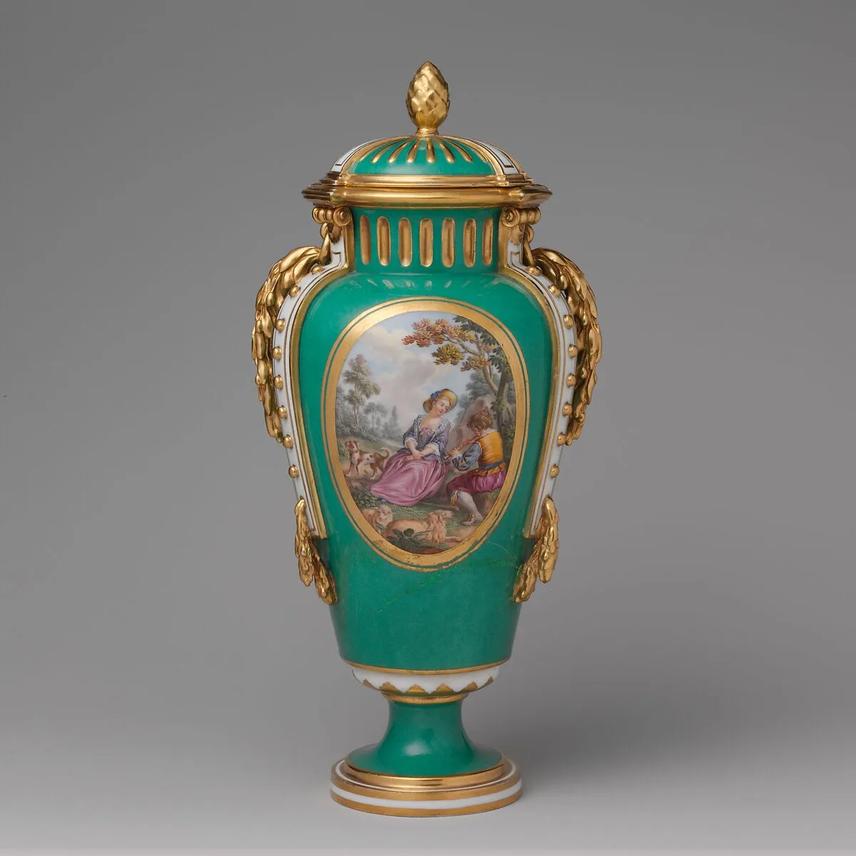 Vase with cover (vase à bandes) (one of a pair) — Sèvres Manufactory|Charles Nicolas Dodin|Henry-Martin Prévost|Louis Crépy|Antoine Watteau