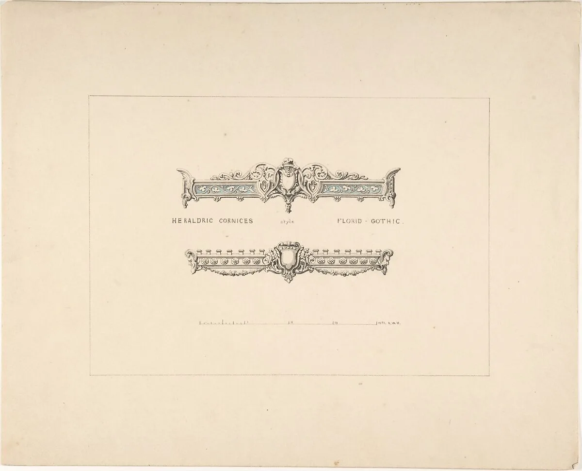 Designs for Two Heraldic Cornices, Florid Gothic Style — Robert William Hume