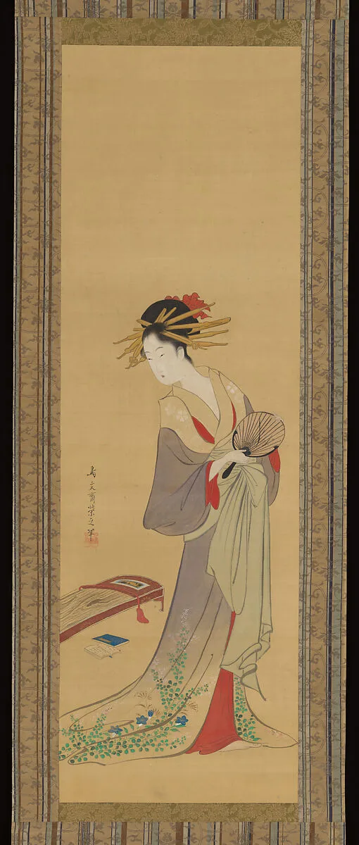 団扇立美人図 (Uchiwa tachi bijin zu)|Courtesan with Fan and Koto — Chōbunsai Eishi 鳥文斎栄之