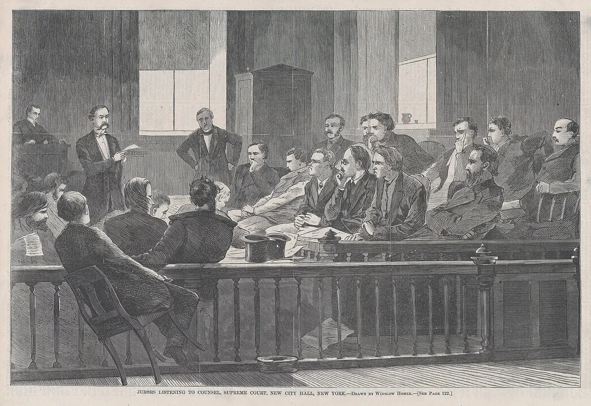 Jurors Listening to Counsel, Supreme Court, New York City Hall, New York (from "Harper's Weekly," Vol. XIII) — Harper & Brothers|Winslow Homer|Harper's Weekly