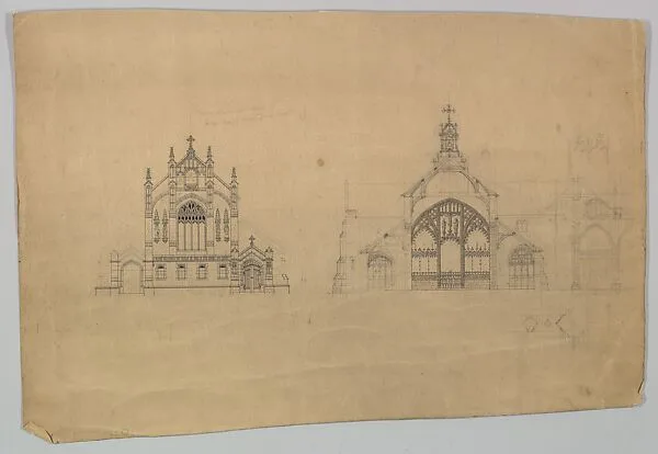 Elevation and section of a church in gothic style — Ernest Geldart