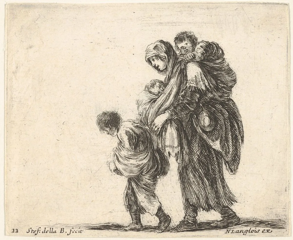 Plate 22: a beggar woman with three children, one child on her shoulders, one child in her arms, and one child who walks in front of her to left, from 'Diversi capricci' — Stefano della Bella|Nicolas Langlois
