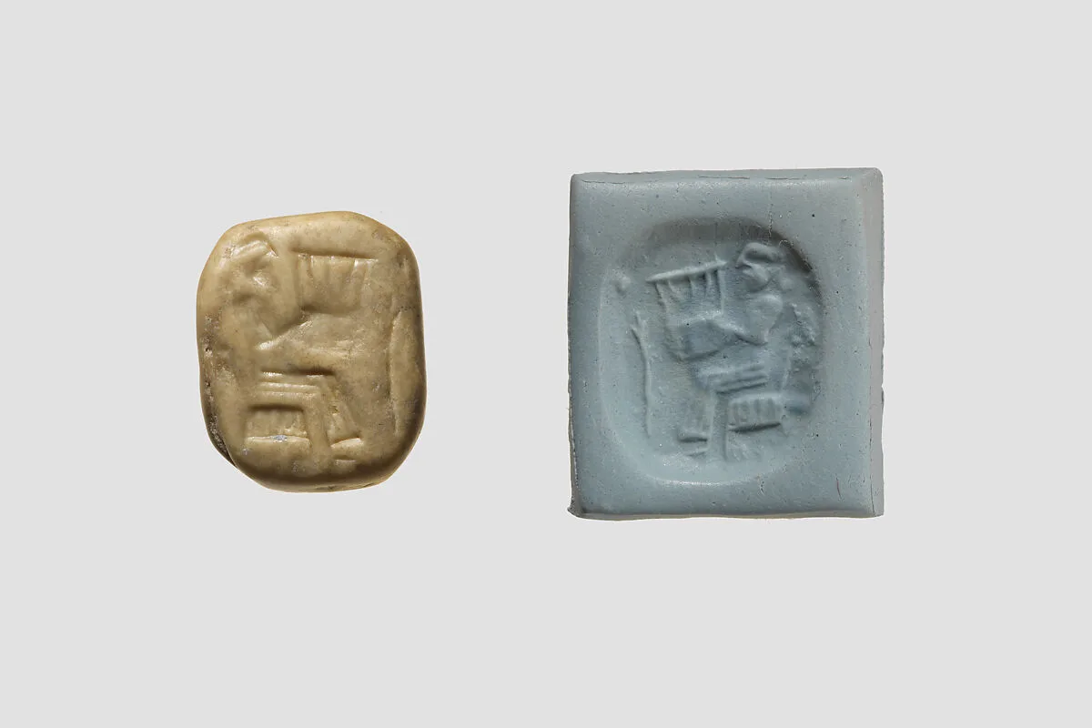 Stamp seal (octagonal pyramid, worn) with musician — Unknown
