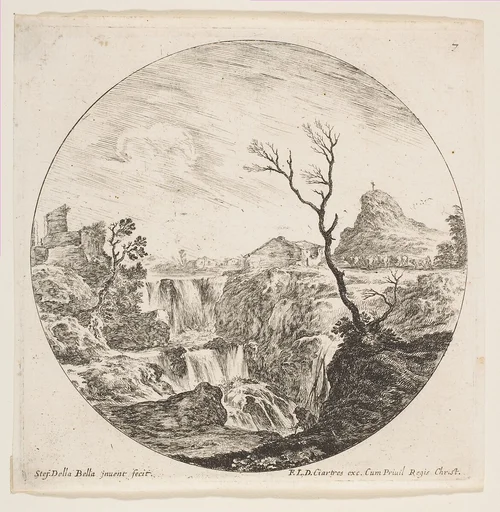 A triple waterfall, a dead tree at right, a mountain and a herd of cows in the background at right, plate 7 from "Roman landscapes and ruins" (Paysages et ruines de Rome)