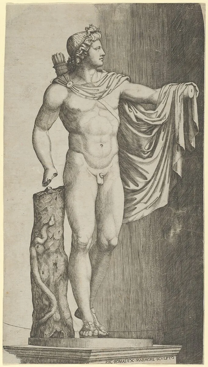 The Apollo Belvedere from the Vatican his left hand resting on the tree trunk around which coils a python — Marcantonio Raimondi
