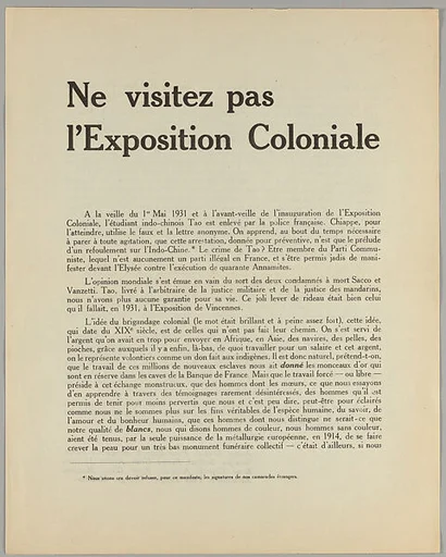 Ne visitez pas l'Exposition Coloniale