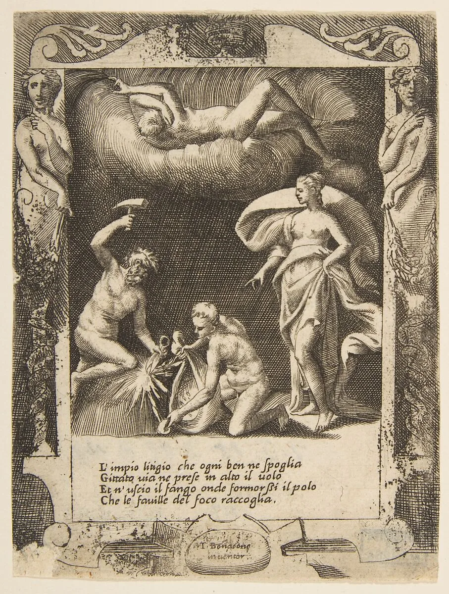 Litigium removed from the body of Chaos while his mother is thrown into the air, set within a frame, from "Loves, Rages and Jealousies of Juno" — Giulio Bonasone