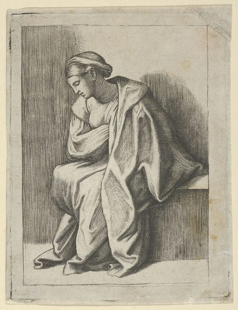 Woman sitting with her head turned downwards to her right and eyes closed — Marcantonio Raimondi|Anonymous