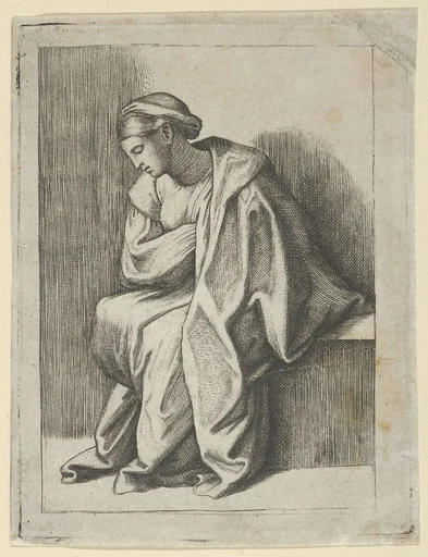 Woman sitting with her head turned downwards to her right and eyes closed