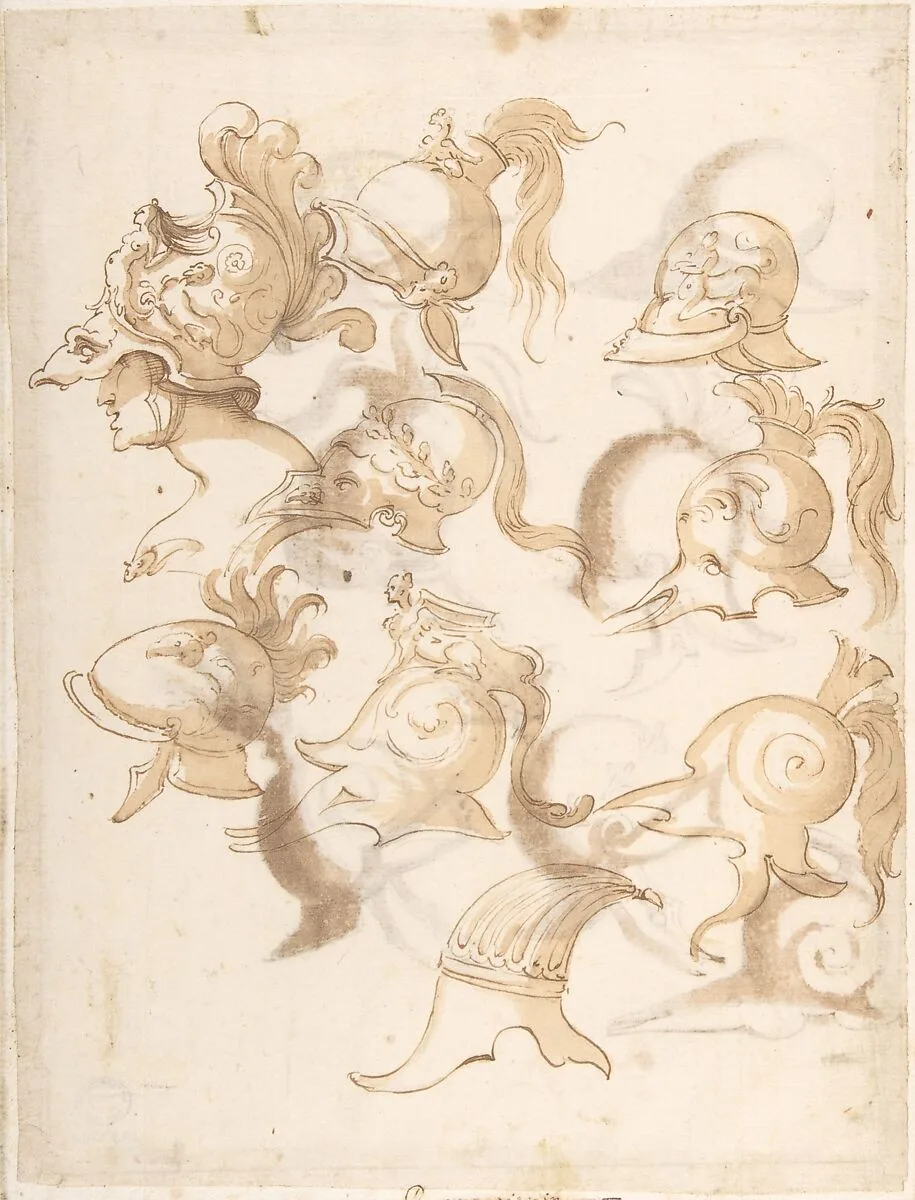 Designs for Nine Helmets (recto); Designs for Seven Helmets (verso) — Anonymous, Italian, 16th century