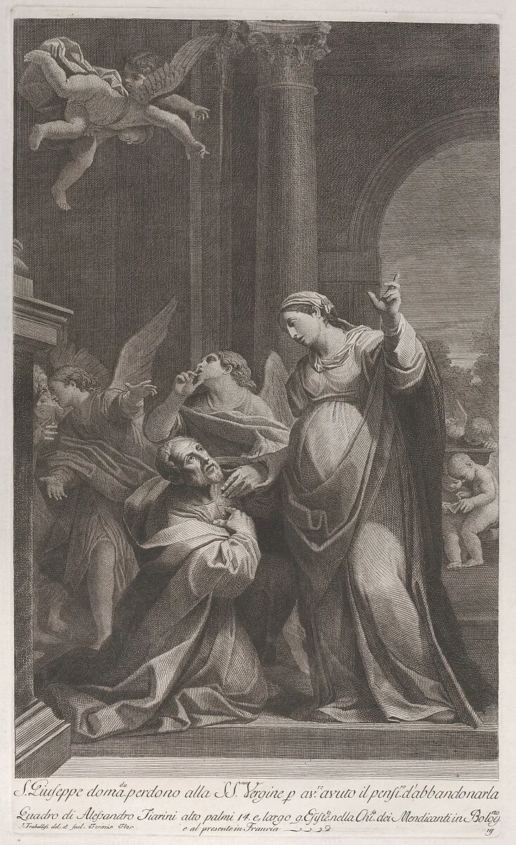 Saint Joseph asking the Virgin's pardon for having thought of deserting her, with angels at left and overhead — Alessandro Tiarini|Giuliano Traballesi