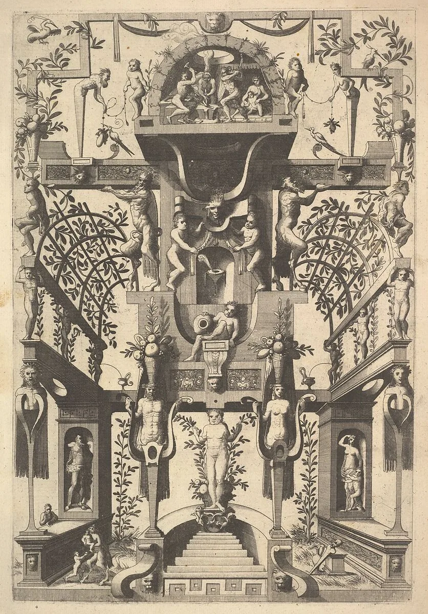 Fantastic Architecture Structure with Strapwork and Two Pergolas and a Small Scene with Vulcan's Forge at the Top — Cornelis Floris II