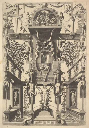 Fantastic Architecture Structure with Strapwork and Two Pergolas and a Small Scene with Vulcan's Forge at the Top