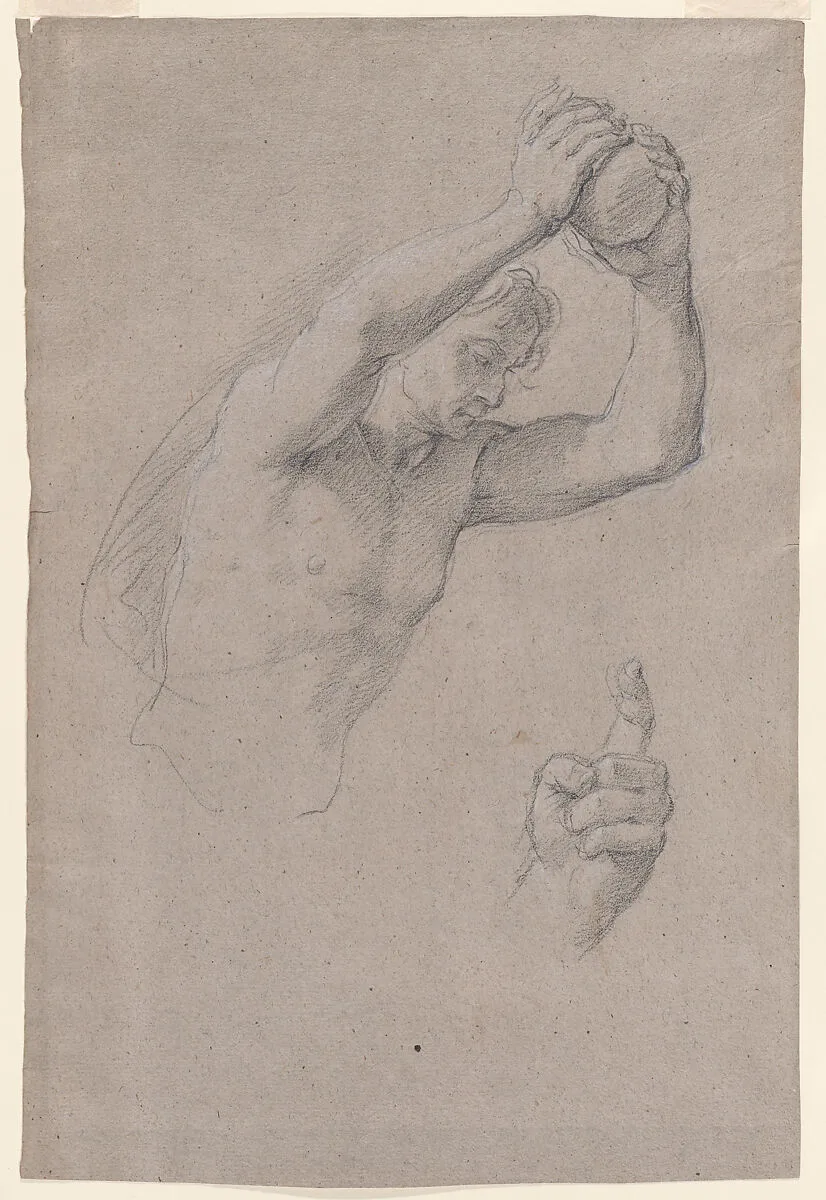 Double-sided sheet of Figural Studies: (recto) Studies of a Young Man Holding a Stone Seen in Half-length; (verso) Seated Young Man Seen in Three-quarter View from Behind, Facing Right. — Giacomo Zoboli