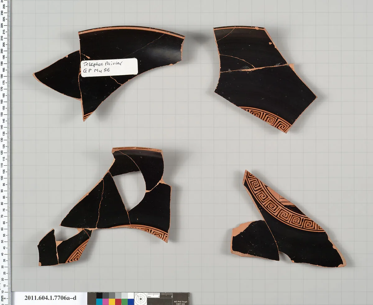 Terracotta fragments of a kylix (drinking cup) — Telephos Painter