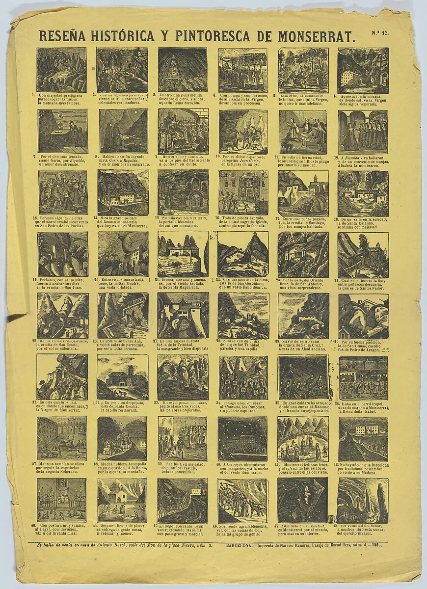 Broadside with 48 scenes depicting miracles and scenes associated by Monserrat (Barcelona) — Narciso Ramirez|Antonio Bosch