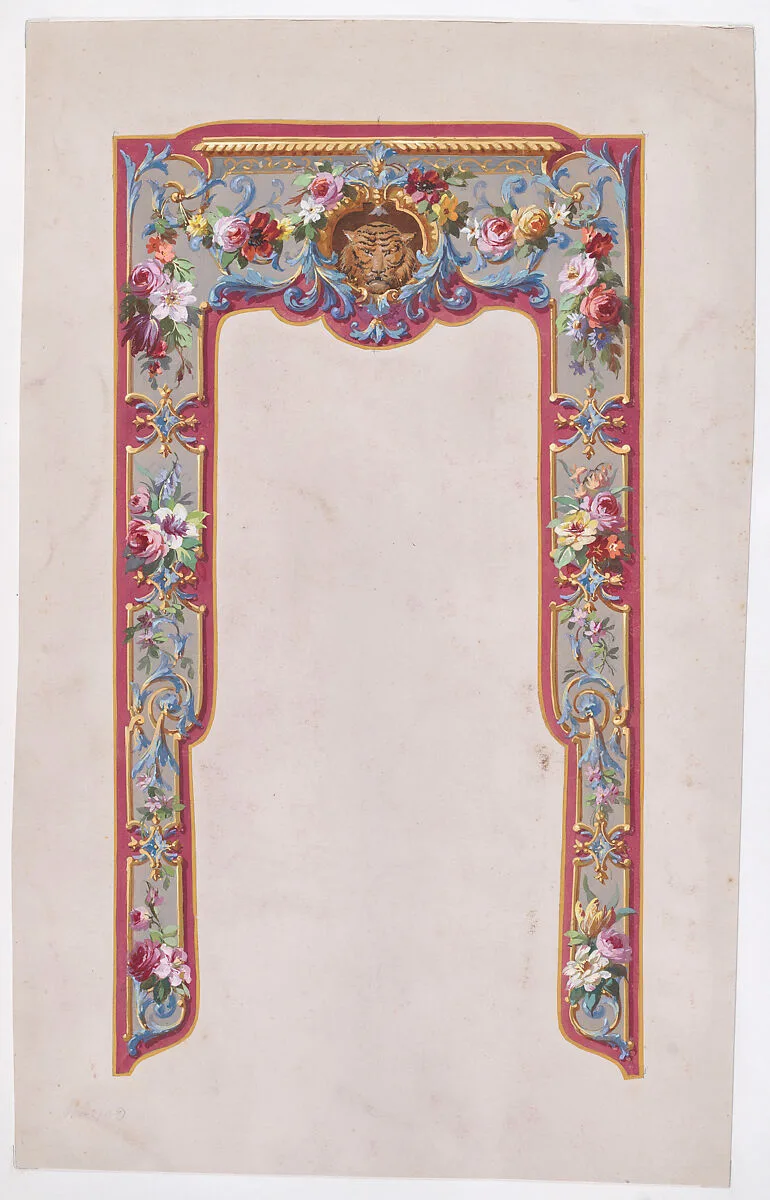 Design for a Valance in the Style of Louis XVI with Bundles and Garlands of Flowers and an Ornamental Frame with a Tiger Face — Anonymous, French, 19th century