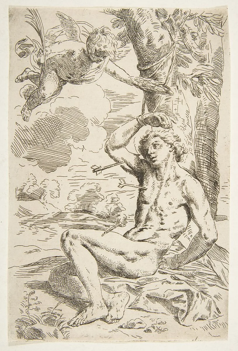 Saint Sebastian pierced with arrows and tied to a tree, copy after Cantarini — Simone Cantarini