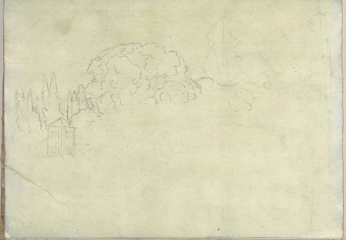 Landscape with Trees and a Tower (Smaller Italian Sketchbook, leaf 15 recto) — Joseph Wright (Wright of Derby)