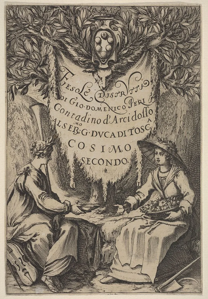 Frontispiece from 'Fiesole Destroyed' ('Fiesole Distrutta'), two seated women, one wearing a laurel wreath and the other wearing a hat crowned with laurel, with the Medici arms and the crown of the grand duchy above — Jacques Callot