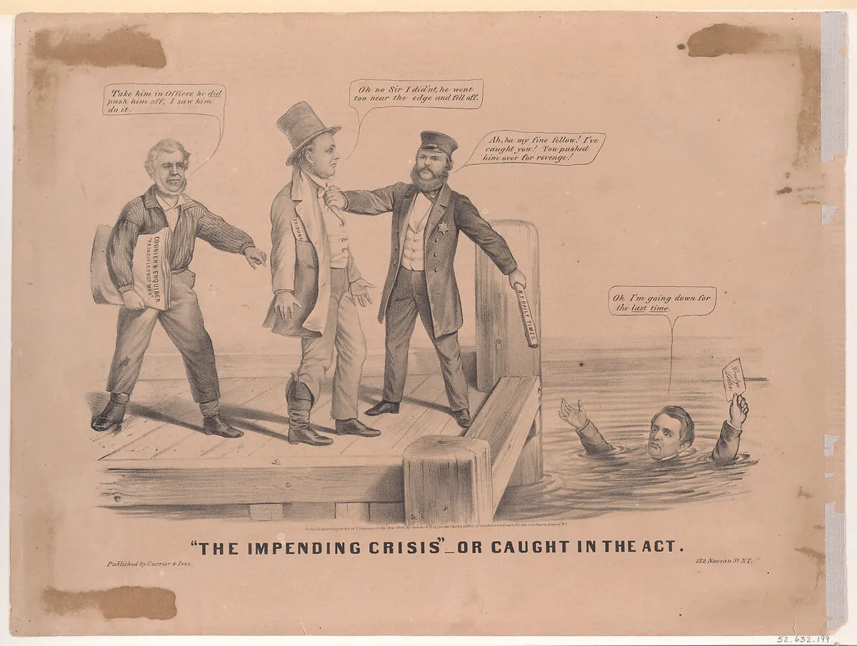 "The Impending Crisis" – Or Caught in the Act — James Watson Webb|William H. Seward|Henry Jarvis Raymond|Louis Maurer|Horace Greeley|Currier & Ives