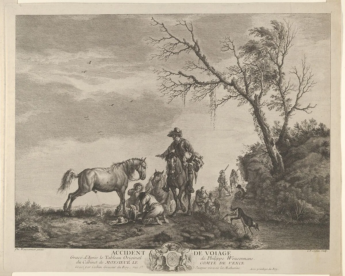 An accident while traveling, a kneeling man fixing a broken saddle, a horse pissing at the left — Charles Nicolas Cochin I|Philips Wouwerman