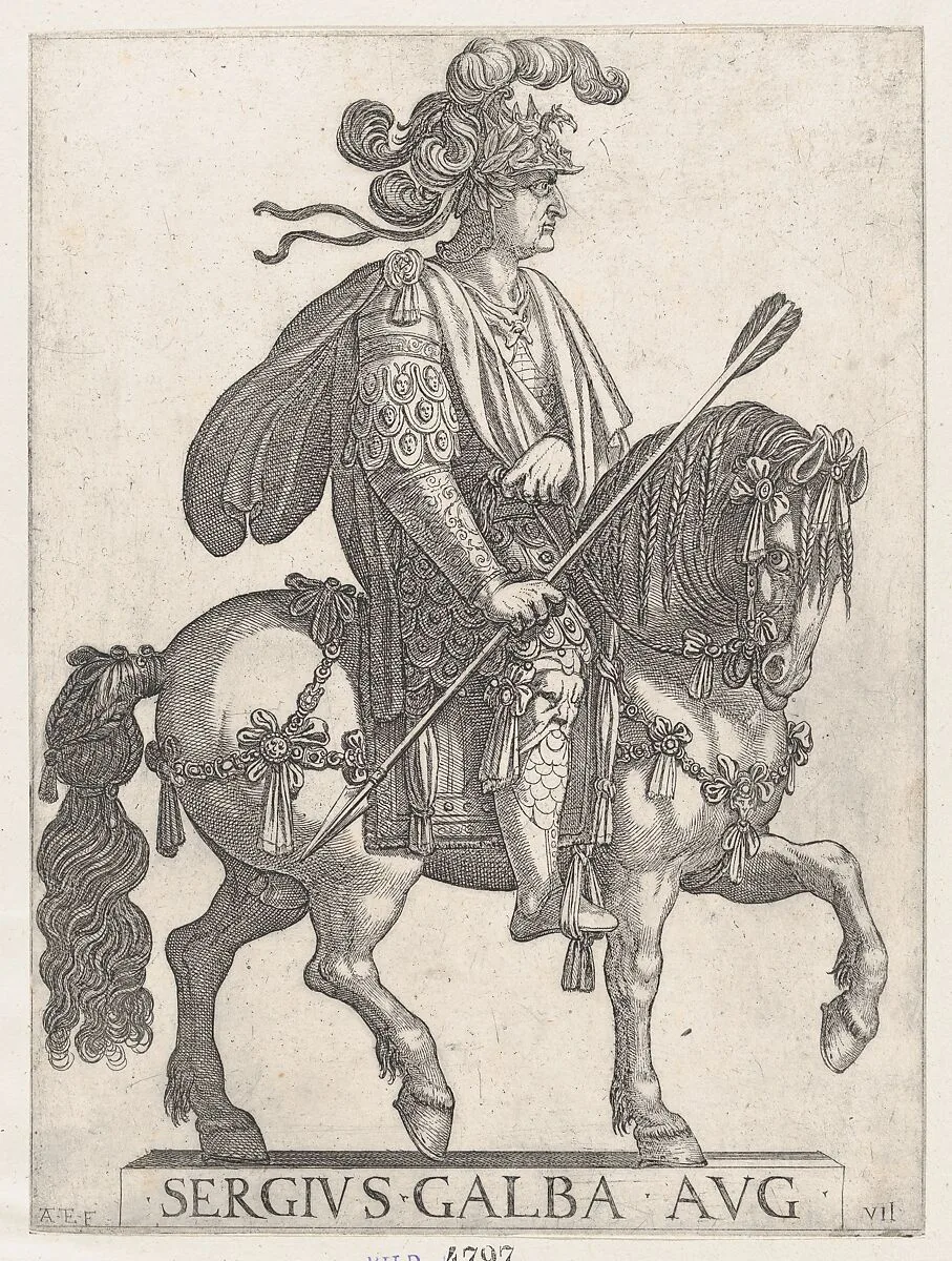 Plate 7: Emperor Galba on Horseback, from 'The First Twelve Roman Caesars' — Antonio Tempesta|Giovanni Battista di Lazzaro Panzera da Parma