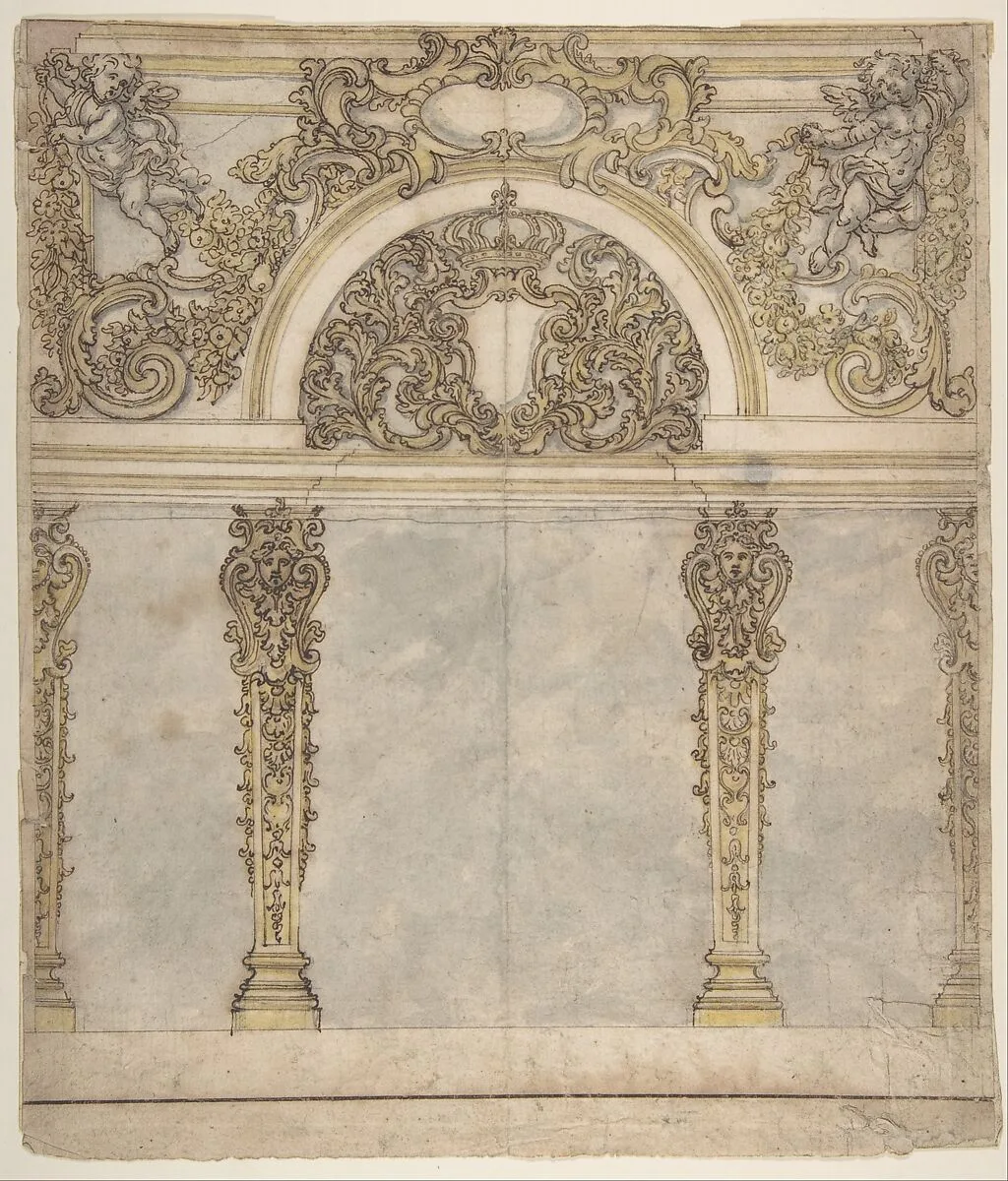Design for an Alcove with a Coat of Arms Flanked by Putti Bearing a Crown, Supported by Pilasters with Human Heads in Capitals — Giovanni Battista Foggini