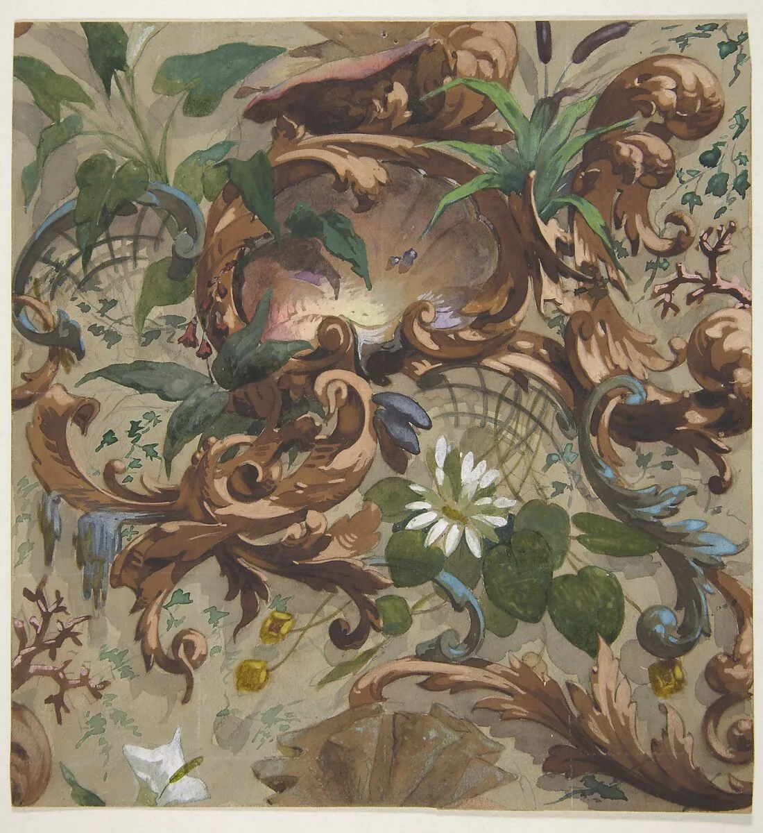 Design for wallpaper featuring shells, waterlilies, and cattails — Jules-Edmond-Charles Lachaise|Eugène-Pierre Gourdet
