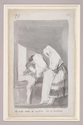 Two women helping a confessor to climb through a window; folio 78 (verso) from the Madrid Album 'B'