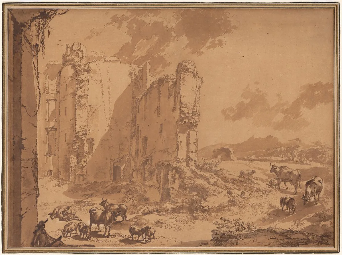 Italianate Landscape with the Ruins of Brederode Castle — Nicolaes Berchem