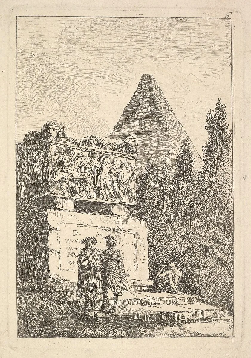Plate 6: The Sarcophagus: two men conversing to left, another man seated and sleeping to right, an ancient sarcophagus to left decorated with reliefs, a pyramid to right in the background half-hidden by cyprus trees, from "Les soirées de Rome" — Hubert Robert