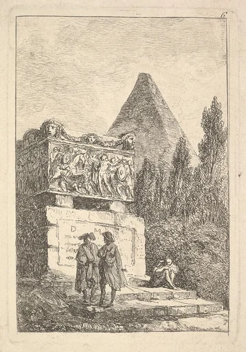Plate 6: The Sarcophagus: two men conversing to left, another man seated and sleeping to right, an ancient sarcophagus to left decorated with reliefs, a pyramid to right in the background half-hidden by cyprus trees, from "Les soirées de Rome"