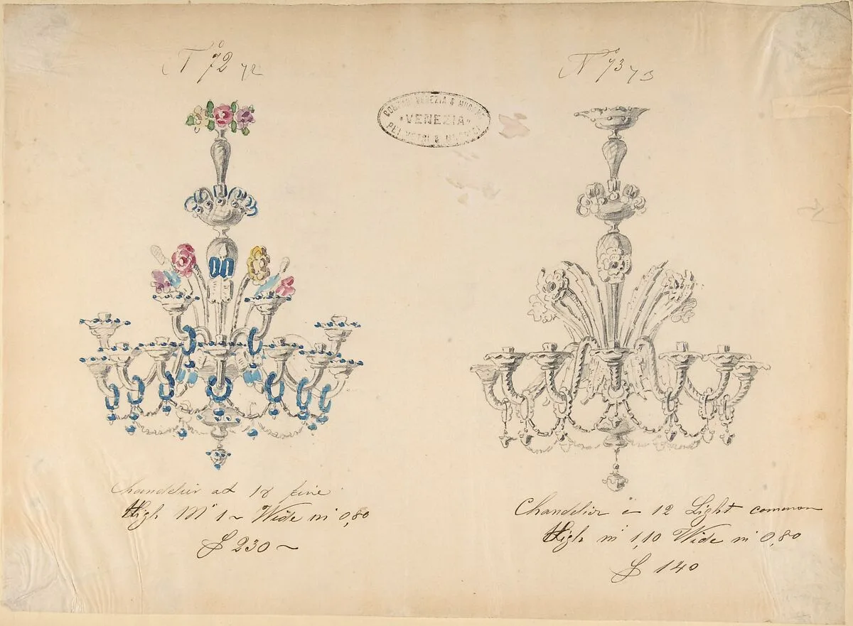 One of Twenty-Three Sheets of Drawings of Glassware (Mirrors, Chandeliers, Goblets, etc.) — Compagnia di Venezia e Murano