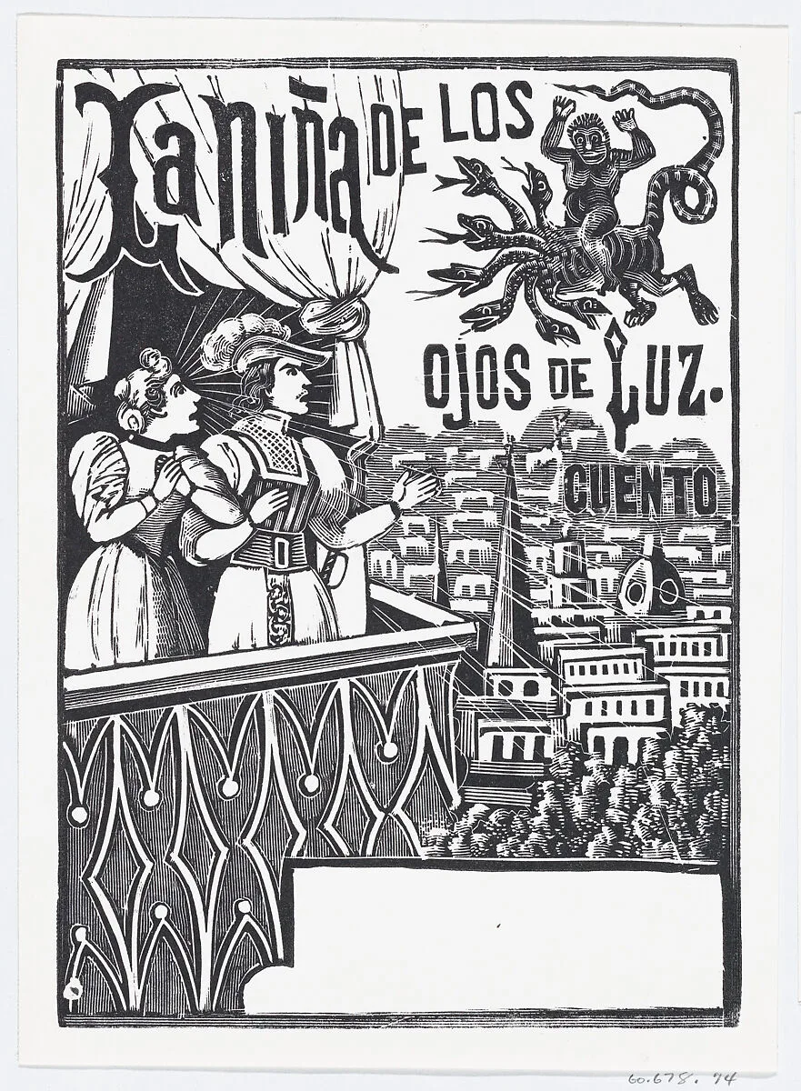A woman and a man standing on a balcony looking up at a flying monster in the sky, published by Antonio Vanegas Arroyo — José Sanchez|José Guadalupe Posada